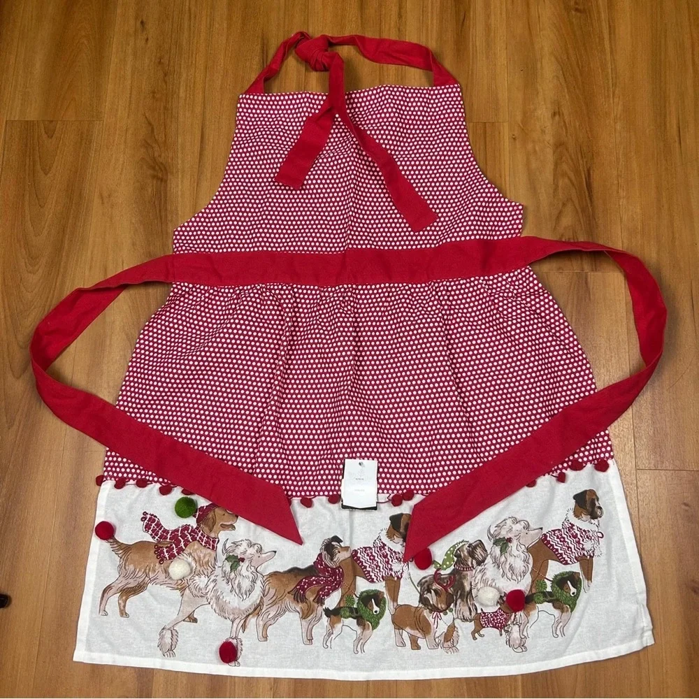 Pier 1 Imports Christmas Dogs Apron Red Polka Dot Holiday Kitchen Cotton Pom Pom
